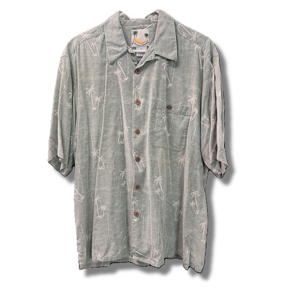 Banana Cabana Hawaiian Shirt Mens L Green Palm Tree Print Button Up